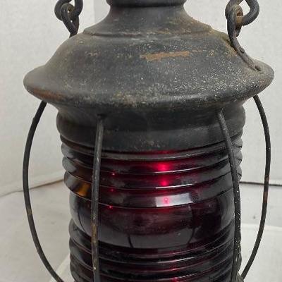 LOT # 416 Antique Red Glass Railroad Lantern with Burner 