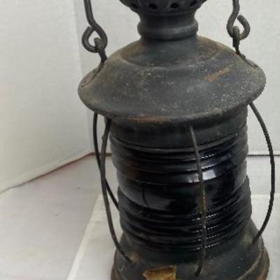 LOT # 416 Antique Red Glass Railroad Lantern with Burner 