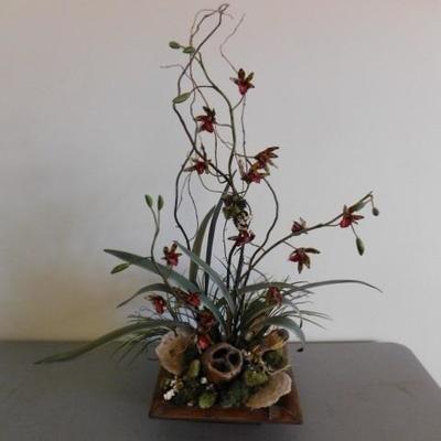 Ikebana Arrangement with Bamboo Square Flat Vase with Artificial Flora 