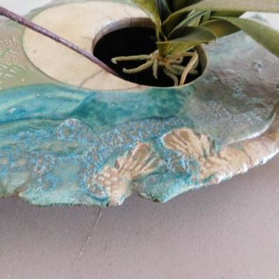 Artisan Clay Ceramic Flat Vase Ikebana Arrangement  Signed by Artist 17