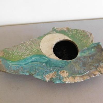 Artisan Clay Ceramic Flat Vase Ikebana Arrangement  Signed by Artist 17