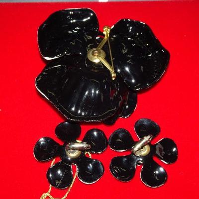 Vintage Hand Crafted PaperMache Mid Century Brooch & Earring Set 