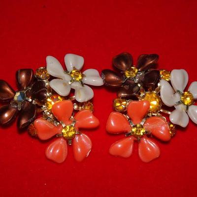 Halloween Fall Colored Rhinestone Flower Bouquet Clip Earrings, Mid-Century Fashion 