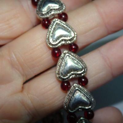 Silver Tone Heart Stretch Bracelet, Red Beads