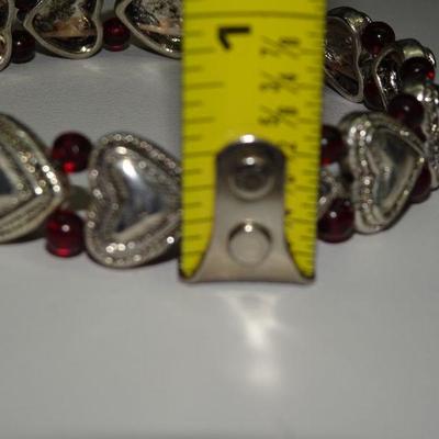 Silver Tone Heart Stretch Bracelet, Red Beads