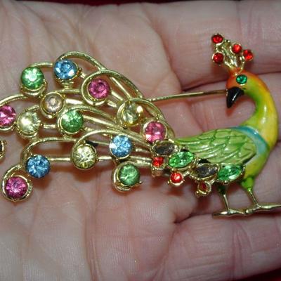 Colorful  Peacock Brooch, Mid Century Modern 