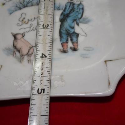 Cutest! Good Luck Trivet Plate, Piglet & Little Boy taking a Whizzzzzzz in the Snow, Ring Plate  