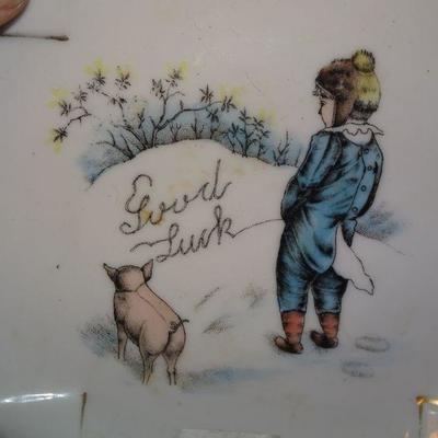 Cutest! Good Luck Trivet Plate, Piglet & Little Boy taking a Whizzzzzzz in the Snow, Ring Plate  