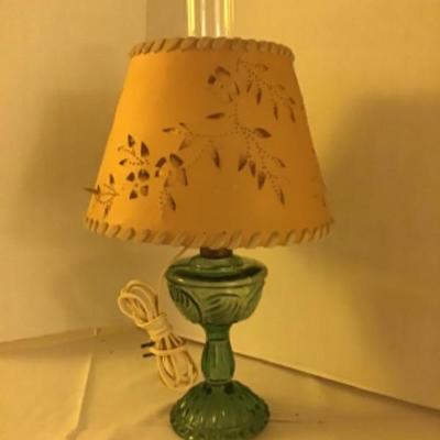 LOT # 462 Antique Green Glass Oil Lamp 