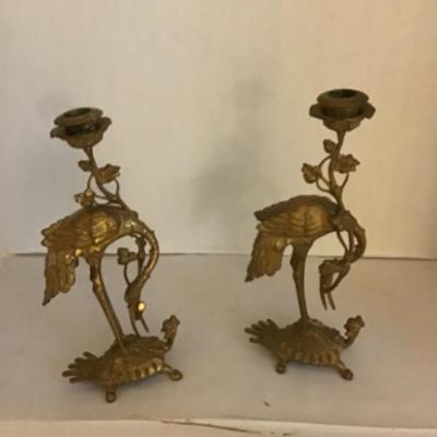 LOT # 466 Pair of Antique Brass Crane & Turtle Candlesticks 