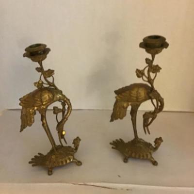LOT # 466 Pair of Antique Brass Crane & Turtle Candlesticks 