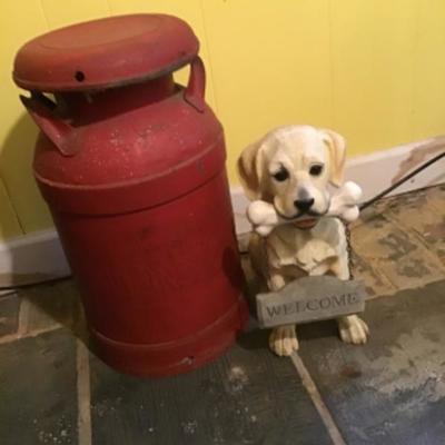LOT # 447 Antique Red Painted Milk Can with Dog