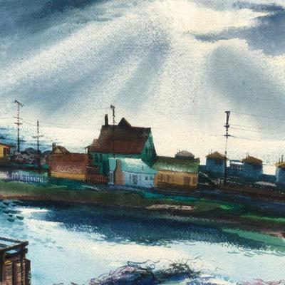 Rare Original Signed Edward Reep 1946 Watercolor Painting Coastal Town Scene