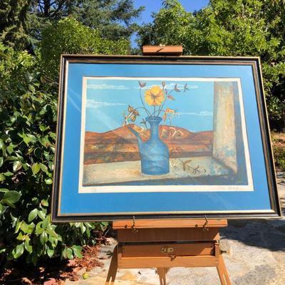 Vibrant Blue Pierre Henry Signed Lithograph Art of Flowers on a Windowsill