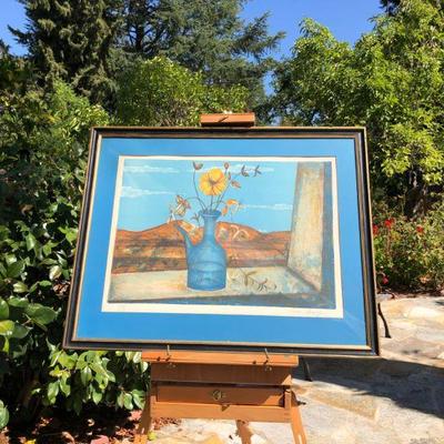 Vibrant Blue Pierre Henry Signed Lithograph Art of Flowers on a Windowsill