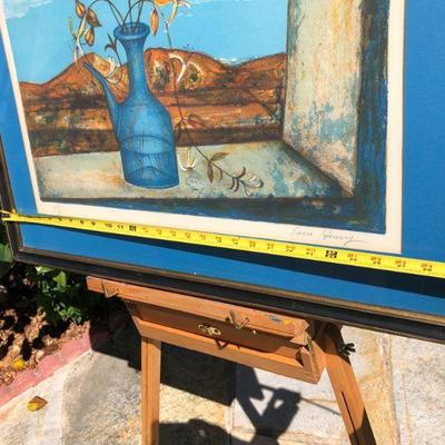 Vibrant Blue Pierre Henry Signed Lithograph Art of Flowers on a Windowsill