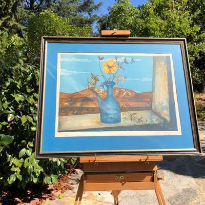 Vibrant Blue Pierre Henry Signed Lithograph Art of Flowers on a Windowsill
