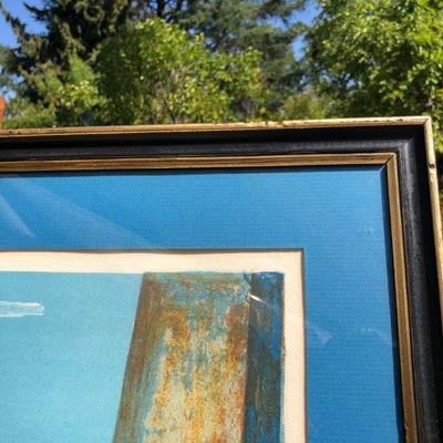 Vibrant Blue Pierre Henry Signed Lithograph Art of Flowers on a Windowsill