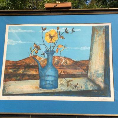 Vibrant Blue Pierre Henry Signed Lithograph Art of Flowers on a Windowsill