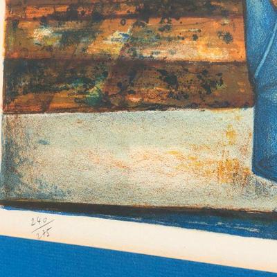 Vibrant Blue Pierre Henry Signed Lithograph Art of Flowers on a Windowsill