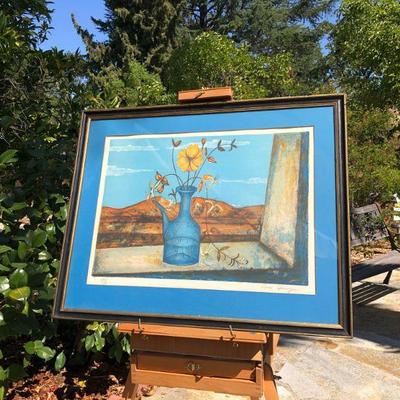 Vibrant Blue Pierre Henry Signed Lithograph Art of Flowers on a Windowsill