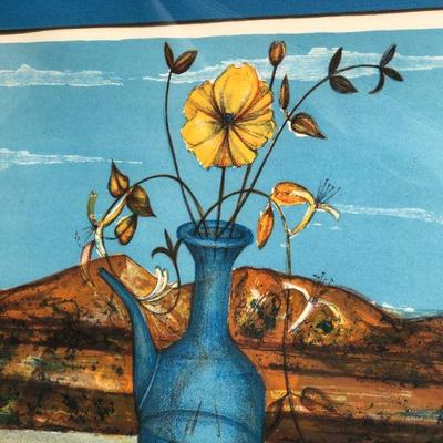 Vibrant Blue Pierre Henry Signed Lithograph Art of Flowers on a Windowsill
