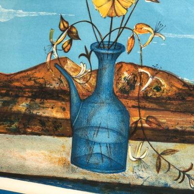 Vibrant Blue Pierre Henry Signed Lithograph Art of Flowers on a Windowsill