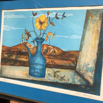 Vibrant Blue Pierre Henry Signed Lithograph Art of Flowers on a Windowsill