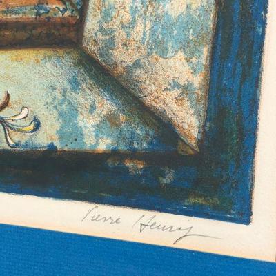 Vibrant Blue Pierre Henry Signed Lithograph Art of Flowers on a Windowsill