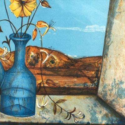 Vibrant Blue Pierre Henry Signed Lithograph Art of Flowers on a Windowsill