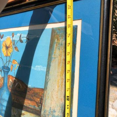 Vibrant Blue Pierre Henry Signed Lithograph Art of Flowers on a Windowsill