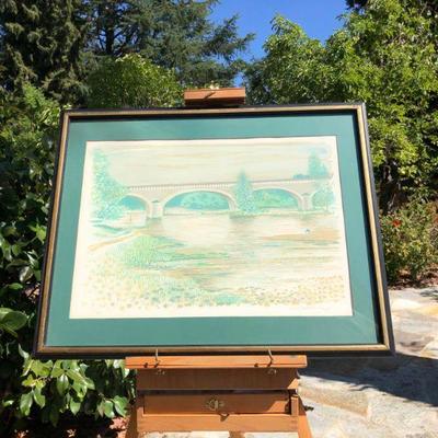 Framed Henri Deschamps Signed Lithograph Art of River Bridge Scene