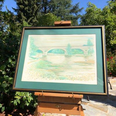 Framed Henri Deschamps Signed Lithograph Art of River Bridge Scene
