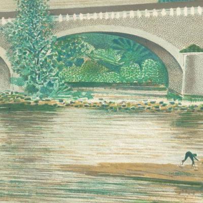 Framed Henri Deschamps Signed Lithograph Art of River Bridge Scene