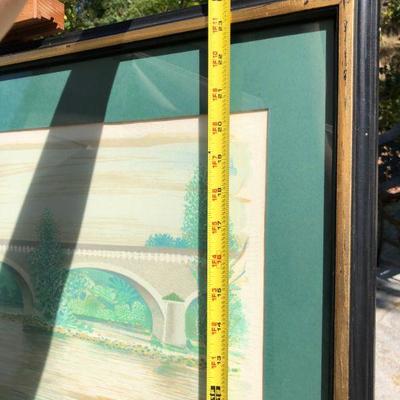 Framed Henri Deschamps Signed Lithograph Art of River Bridge Scene