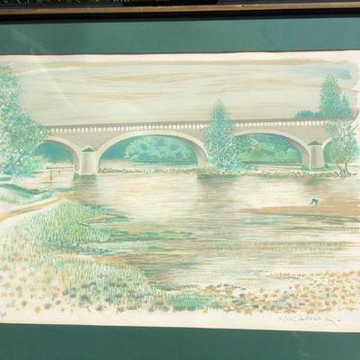 Framed Henri Deschamps Signed Lithograph Art of River Bridge Scene