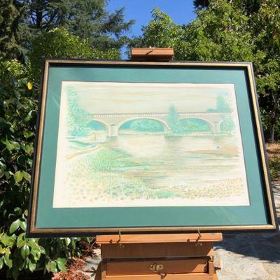 Framed Henri Deschamps Signed Lithograph Art of River Bridge Scene