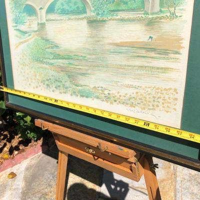 Framed Henri Deschamps Signed Lithograph Art of River Bridge Scene