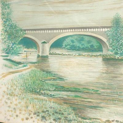 Framed Henri Deschamps Signed Lithograph Art of River Bridge Scene