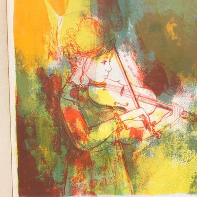 Signed Jean-Babtiste Valadie Lithograph of Girl Playing Violin