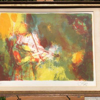 Signed Jean-Babtiste Valadie Lithograph of Girl Playing Violin
