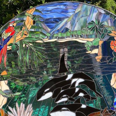 Amazing 3 Ft Diameter Circle Stained Glass Window with Vibrant Orcas Ocean Scene
