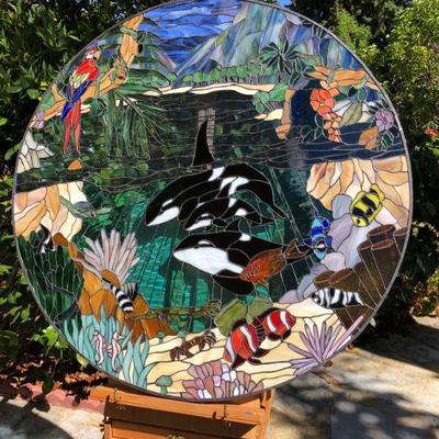 Amazing 3 Ft Diameter Circle Stained Glass Window with Vibrant Orcas Ocean Scene