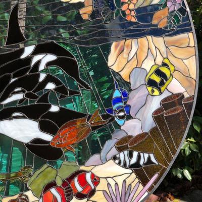 Amazing 3 Ft Diameter Circle Stained Glass Window with Vibrant Orcas Ocean Scene