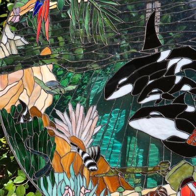 Amazing 3 Ft Diameter Circle Stained Glass Window with Vibrant Orcas Ocean Scene