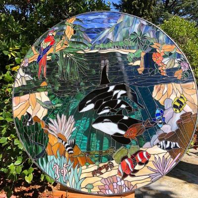 Amazing 3 Ft Diameter Circle Stained Glass Window with Vibrant Orcas Ocean Scene