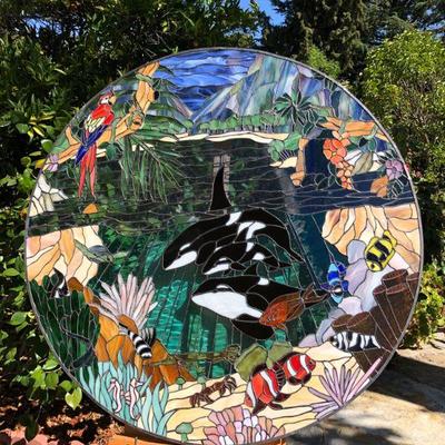 Amazing 3 Ft Diameter Circle Stained Glass Window with Vibrant Orcas Ocean Scene
