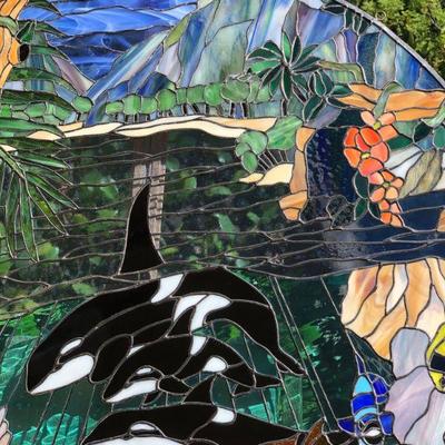 Amazing 3 Ft Diameter Circle Stained Glass Window with Vibrant Orcas Ocean Scene