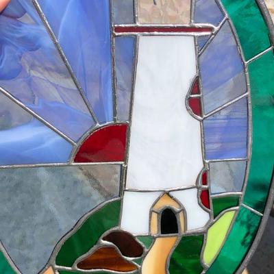 Pair of Beautiful Lighthouse Coastal Scene Stained Glass Oval Windows