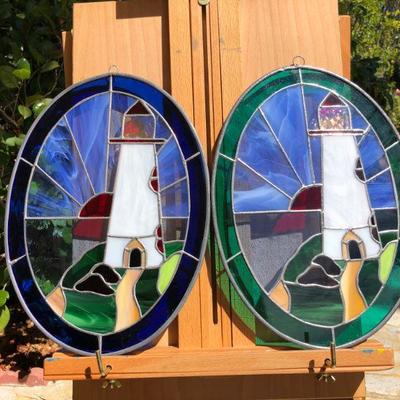Pair of Beautiful Lighthouse Coastal Scene Stained Glass Oval Windows